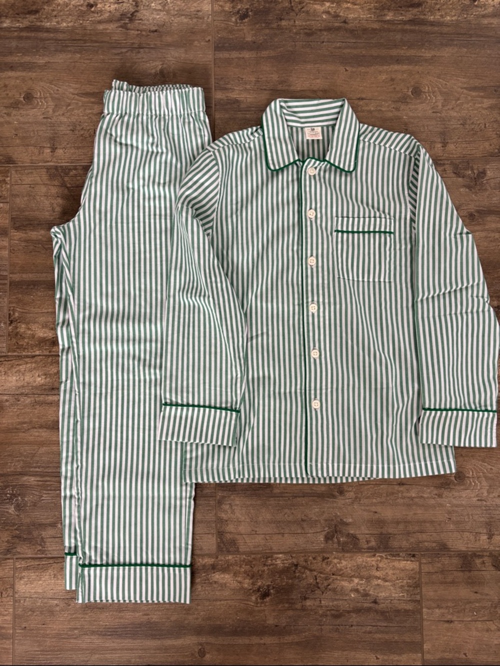 Crewcuts Green and White Striped Pajama Set with Dark Green Piping